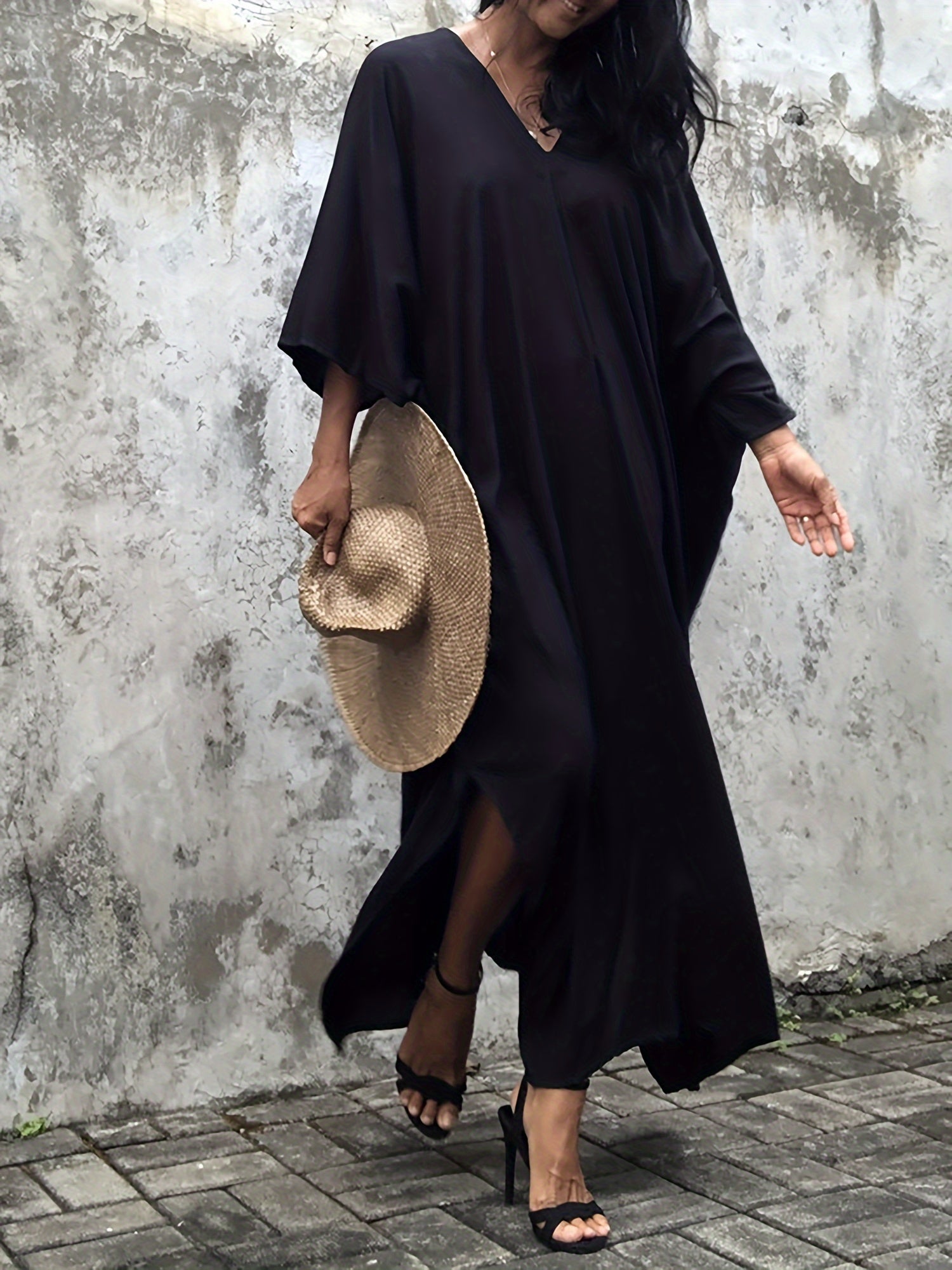 Elegant Plus Size Solid Color Kaftan Dress - Batwing Sleeve, Loose Fit Maxi Robe for Women | Rayon Blend, Non-Stretch Fabric | Perfect for Spring/Summer/Fall