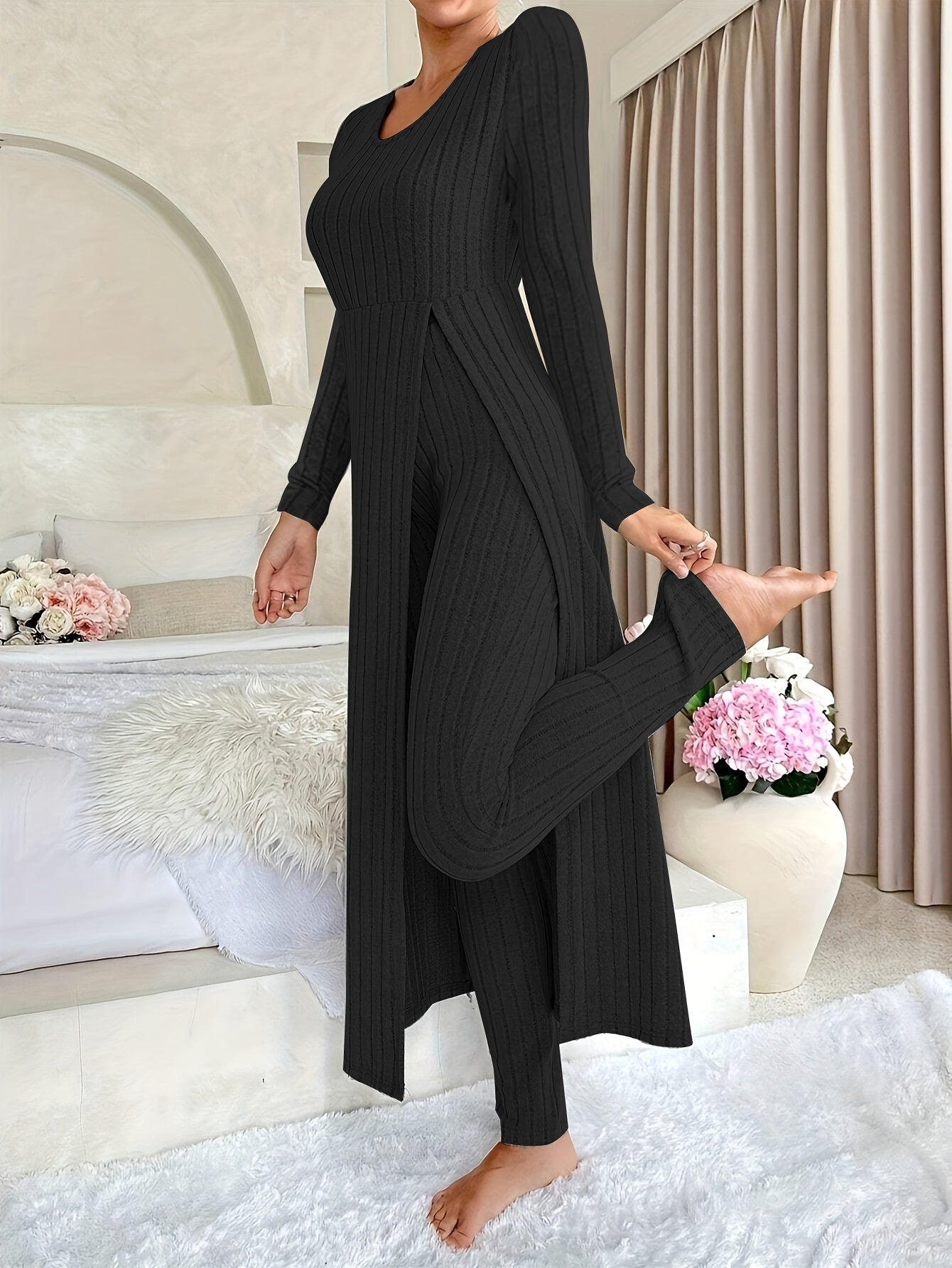 Short Sleeve V Neck Solid Color Ribbed Pants Set, Elastic Waist Slim Outfits with Long Length Top, Casual Women's Clothing