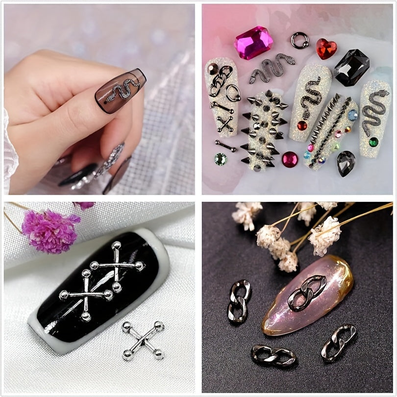 300 Pieces Of Y2K Black Golden Silvery Punk Cone Rivet 3D Golden Skull Cross Chain Snake Pattern Retro Alloy Golden Nail Pendant Glass Pointed Bottom Gem Resin Water Drill Female Girl Golden Nail DIY Nail Art Decoration Set