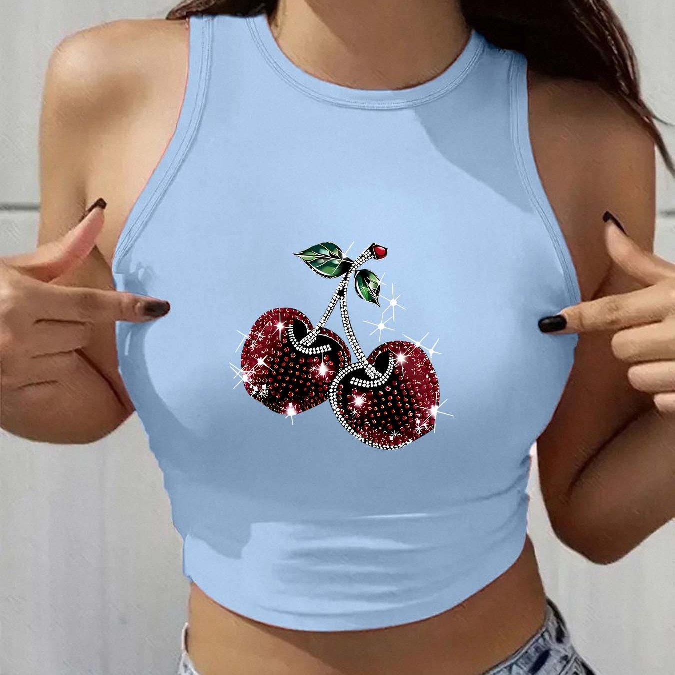 Ladies' Y2K Fashion Round Neck Sleeveless Tank Top, Trendy for Spring And Summer, Suitable for Street Style, Featuring Light Luxury Patterns And Prints. Ideal for Artistic Women, Commuting, Work Attire, Festive Parties, with