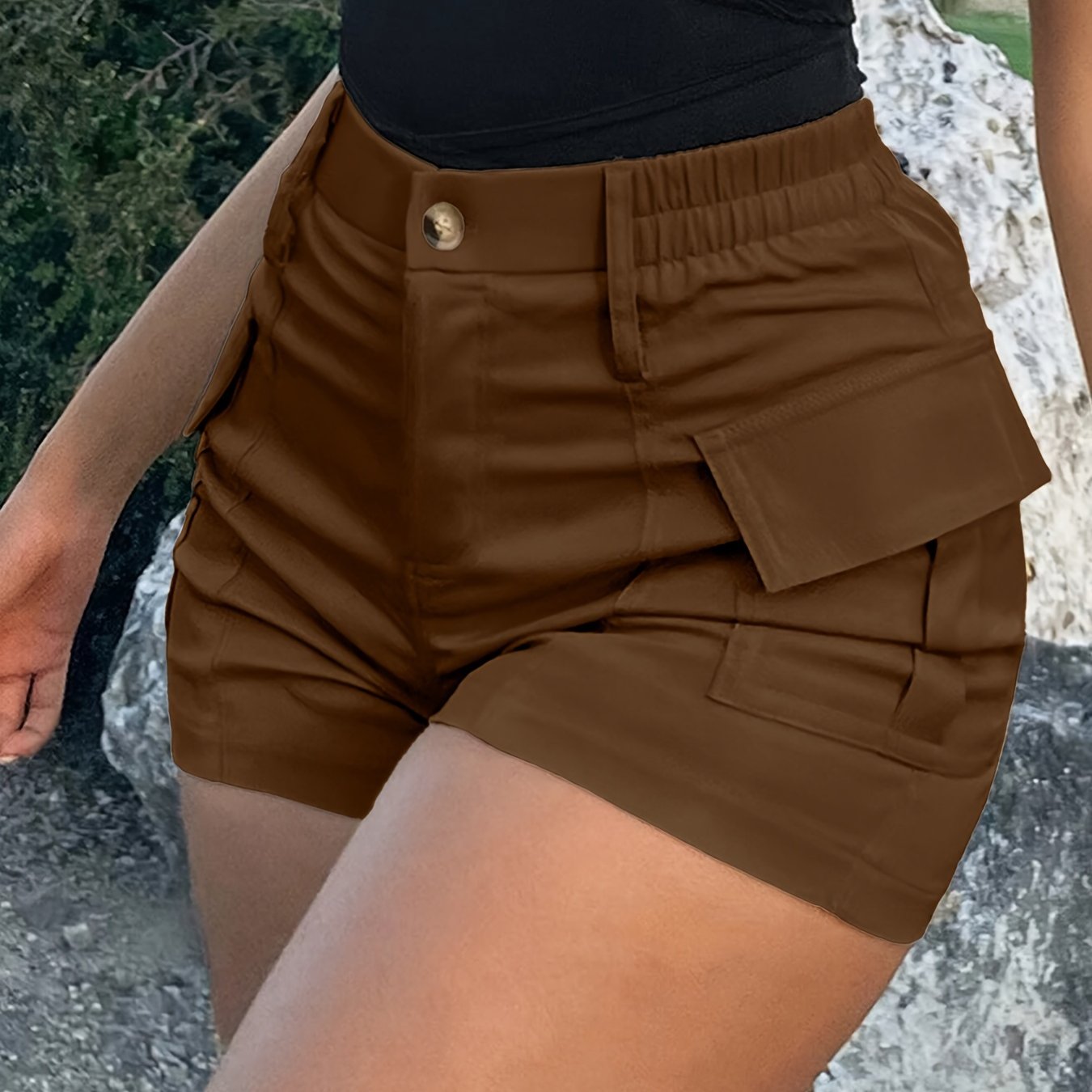 Flap Pocket High Waist Cargo Shorts, Vacation Fashion Shorts For Spring & Summer, Women's Clothing