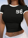 Women'S Casual Black T-Shirt with "98" Print - Short Sleeve, Round Neck, Soft & Stretchy Fabric, Perfect for Spring/Summer/Fall, Casual Attire|Bold Number Print|Medium Stretch Fabric, Ladies T Shirts