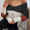 Off Shoulder Back Twist Sweater, Stylish Color Block Loose Long Sleeve Pullover Sweater For Winter & Fall, Women's Clothing
