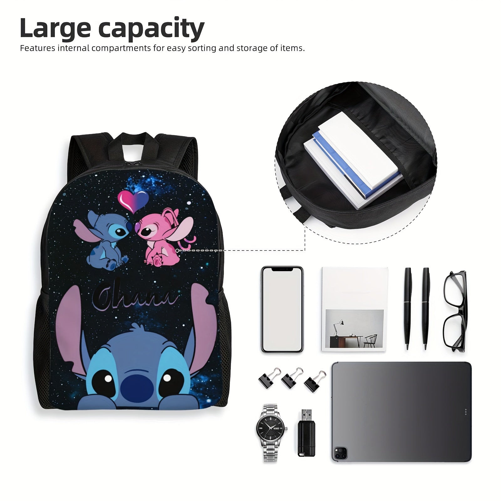 DISNEY Stich 3pcs Backpack Set - Stylish Nylon Backpack with Adjustable Shoulder Strap, Zipper Closure, Tablet Compartment - Includes Lunch Bag And Pencil Case - Lightweight, High Capacity, Hand Wash - Animal Print, Anime The