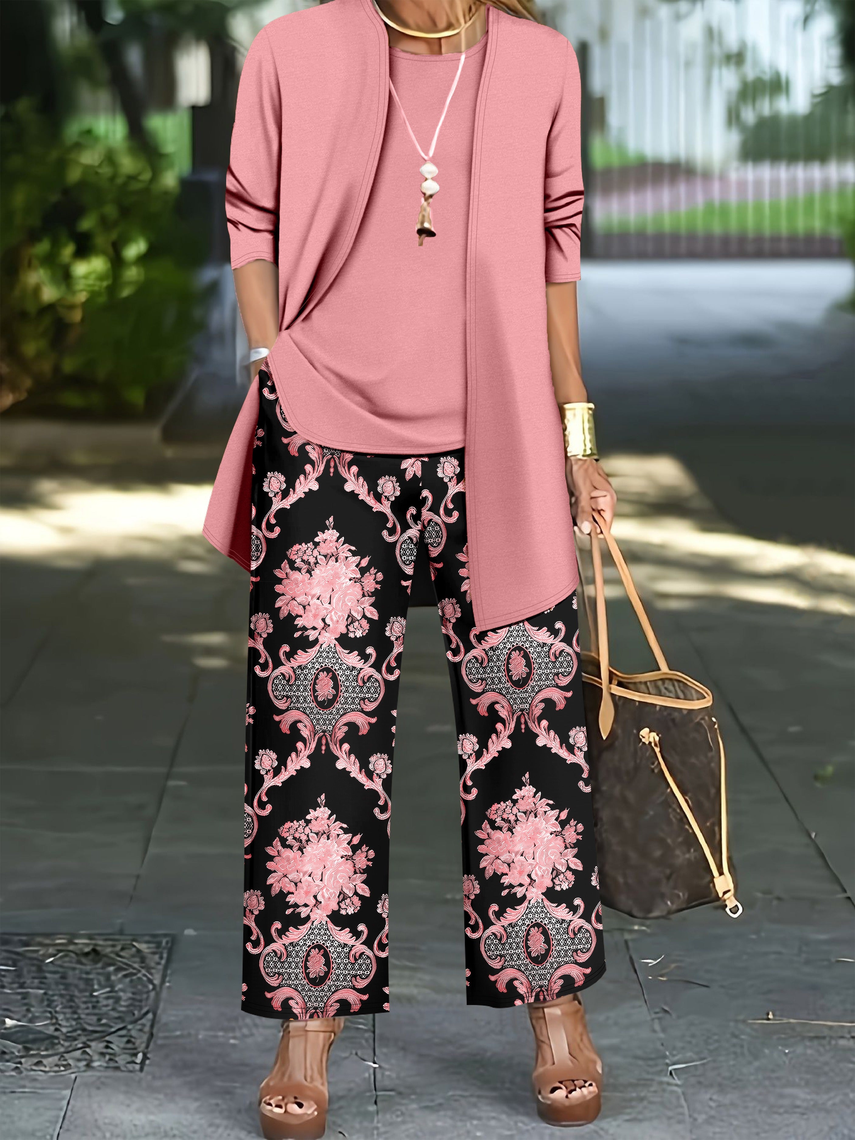 Women'S Elegant Plus Size Solid Color Cardigan and Tank Top Set with Paisley Print Pants - Stylish Three-Piece Outfit for Casual Attire, Casual Attire|Paisley Print Pants|Stretchy Fabric, Plus Size Clothing