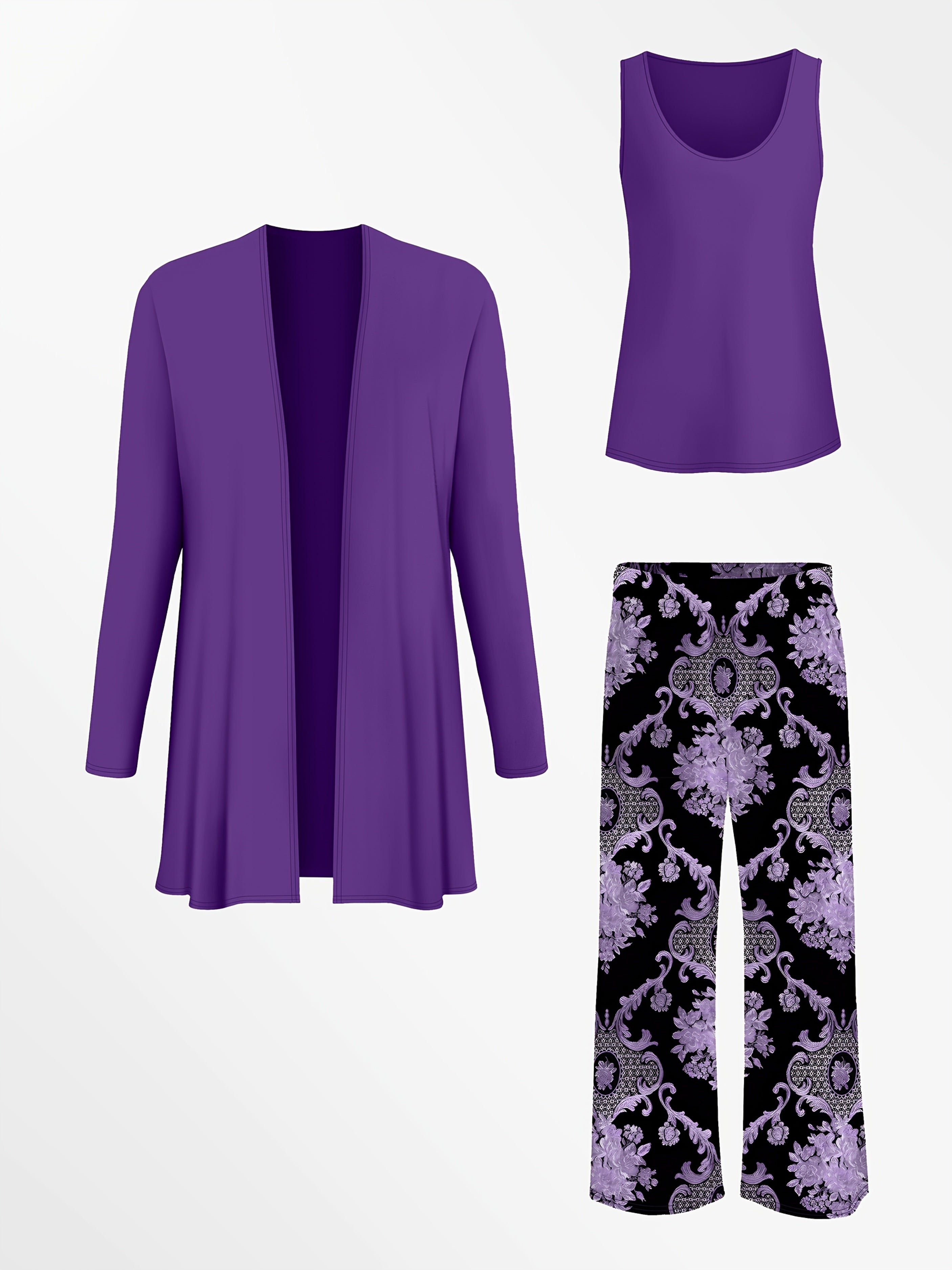 Women'S Elegant Plus Size Solid Color Cardigan and Tank Top Set with Paisley Print Pants - Stylish Three-Piece Outfit for Casual Attire, Casual Attire|Paisley Print Pants|Stretchy Fabric, Plus Size Clothing