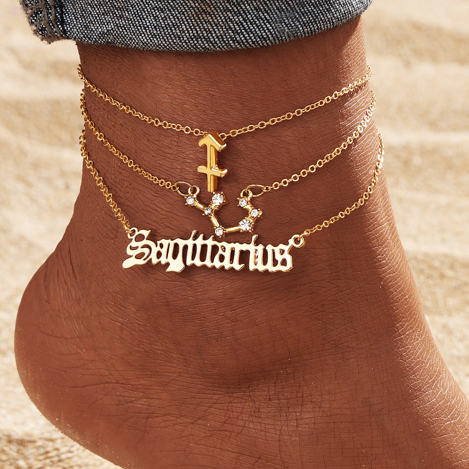 Alloy Inlaid Rhinestone Women'S Zodiac Ankle Chain, Spring And Summer, 3pcs of Beach Barefoot Accessories, Suitable for Vacations, Parties, Dates, Music Festivals