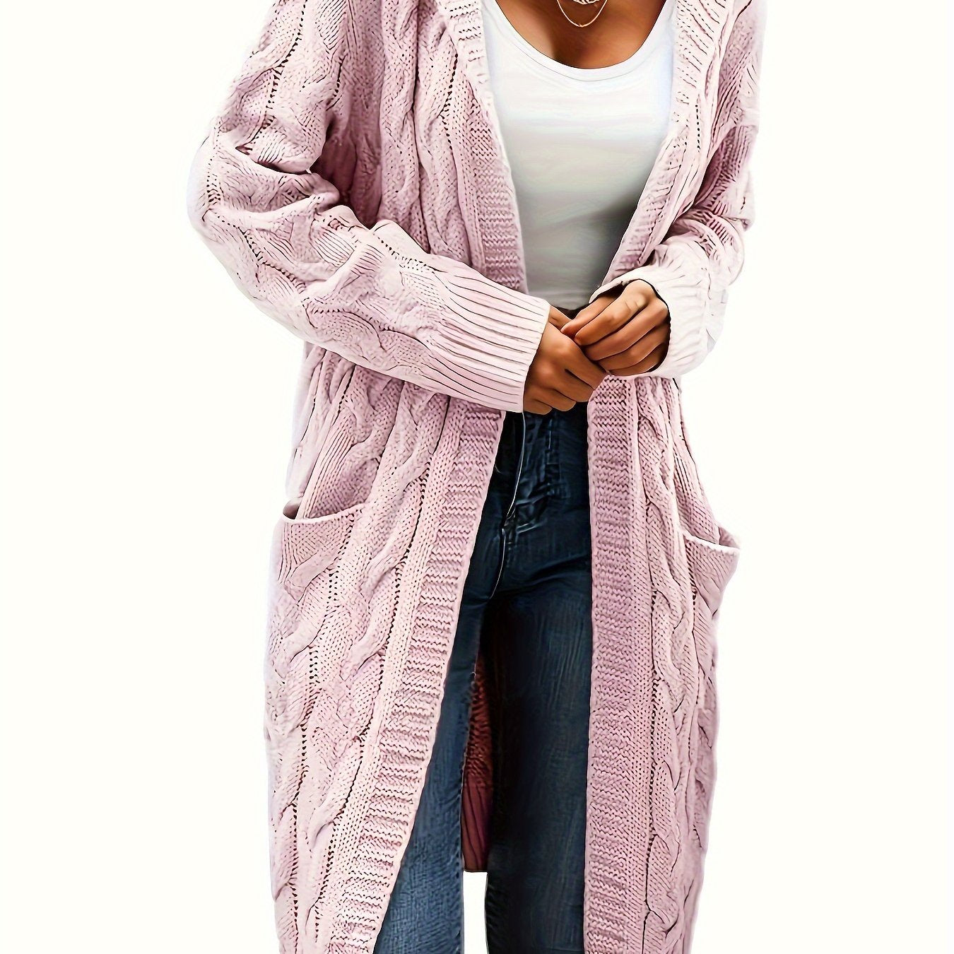 [Open Front] Women's Casual Cardigan - Black Cable Knit, Long Sleeve, Open Front with Pockets - Relaxed Fit for Fall/Winter