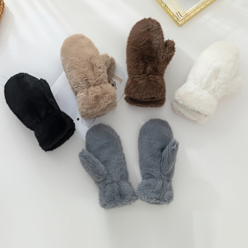 1 Pair Women’s Cozy Faux Fur Mittens - Thick, Warm & Soft Beige Winter Gloves for Outdoor Activities, Hand Washable Polyester