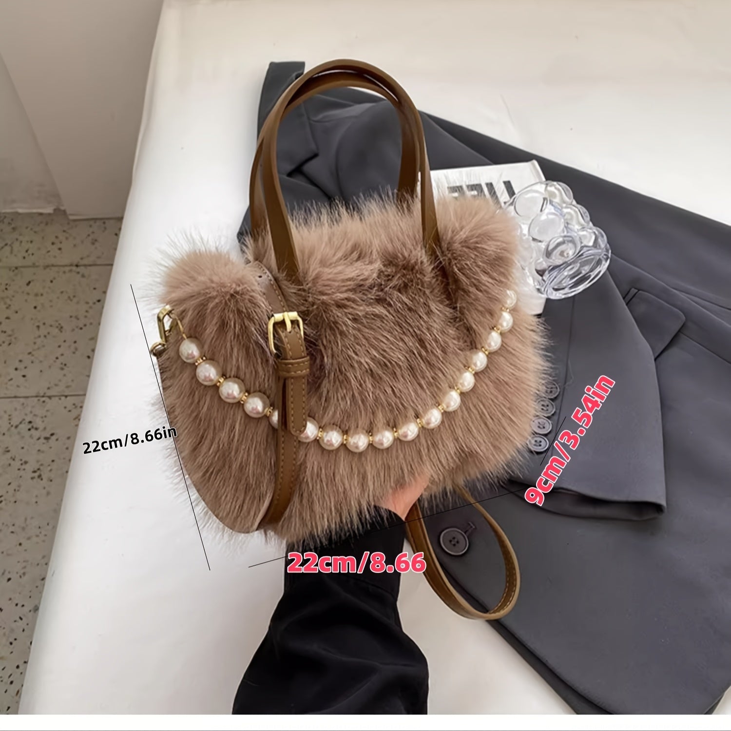 Chic Faux Fur Crossbody Bag with Pearl Accents - Soft Plush Shoulder Purse for Women, Available in Pink, Khaki, Coffee, White, Black