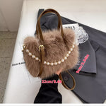 Chic Faux Fur Crossbody Bag with Pearl Accents - Soft Plush Shoulder Purse for Women, Available in Pink, Khaki, Coffee, White, Black