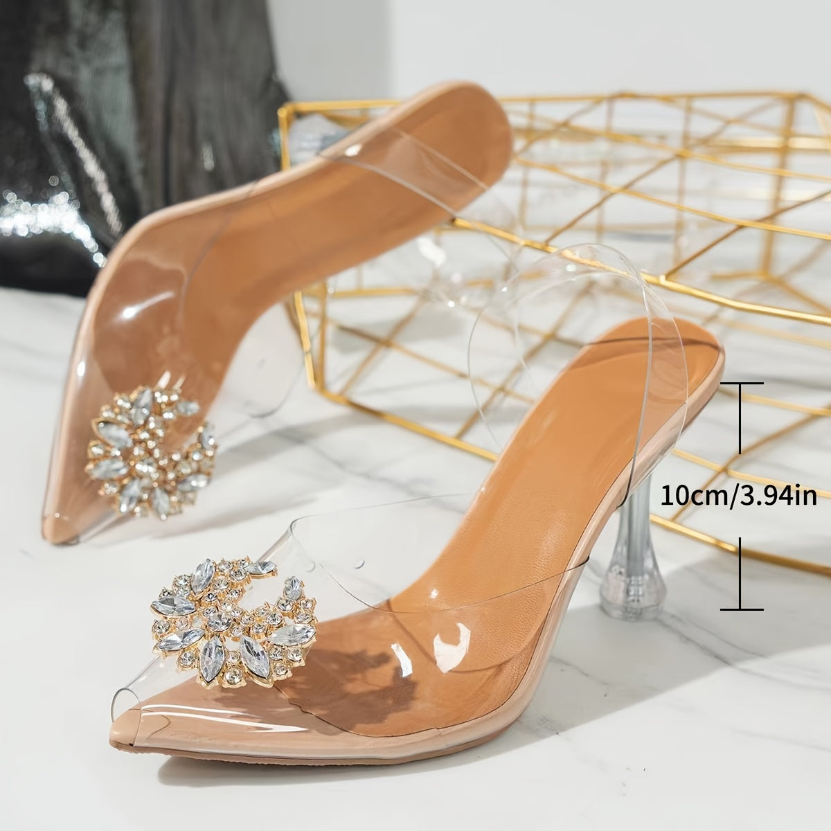 Women's Transparent Upper Stiletto Heel Sandals, Sexy Pointed Toe Slip-On Pumps with Rhinestone Embellishments, Clear Strap High Heels for Summer Fashion