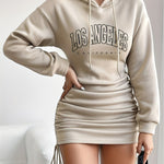 1pc Women's Alphabet Pattern Hooded Bodycon Dress with Drawstring Side - Polyester Knit Fabric - Spring/Fall Fashion Dress for Women - Perfect for Casual & Party Occasions