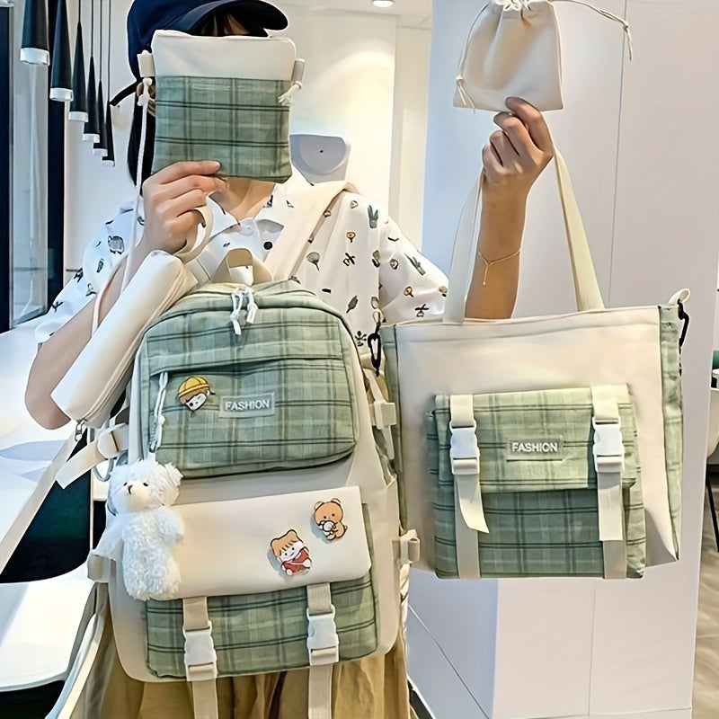 Fashionable And Lovely Plaid Backpack - Five-piece Set - Casual Simple Backpack - For Women - Suitable for School, Travel, Everyday Use - Perfect Gift for Teen Girls