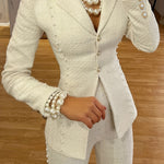 Luxurious Pearl Button Blazer - Chic Open Front, Stretchy Polyester & Spandex Blend, Machine Washable, Versatile for Spring and Fall Seasons, Perfect for Work, Date Night, or Special Occasions