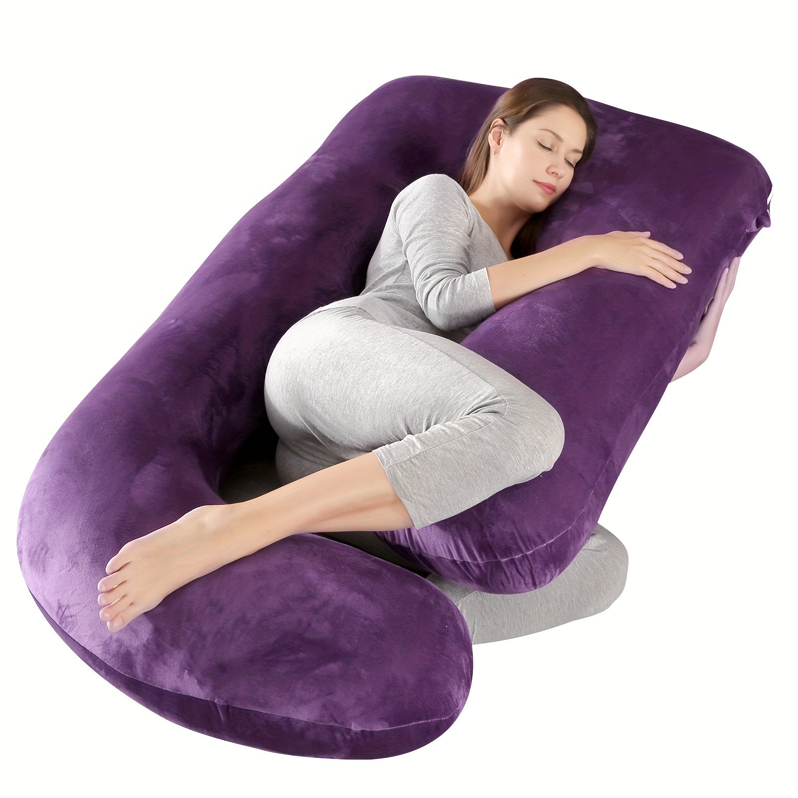 62 Inch J-Shaped Body Pillow with Removable Velvet Cover - Machine Washable Medium-Soft Support Pillow for Full-Body Comfort, White Home & Bedroom Essential, Pillows for Sleeping