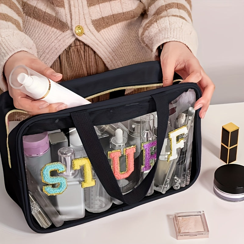 Large Capacity Toiletry Storage Bag, Stylish Transparent Makeup Pouch, Suitable for Travel Cosmetics Storage, Portable Handheld Toiletry Bag.
