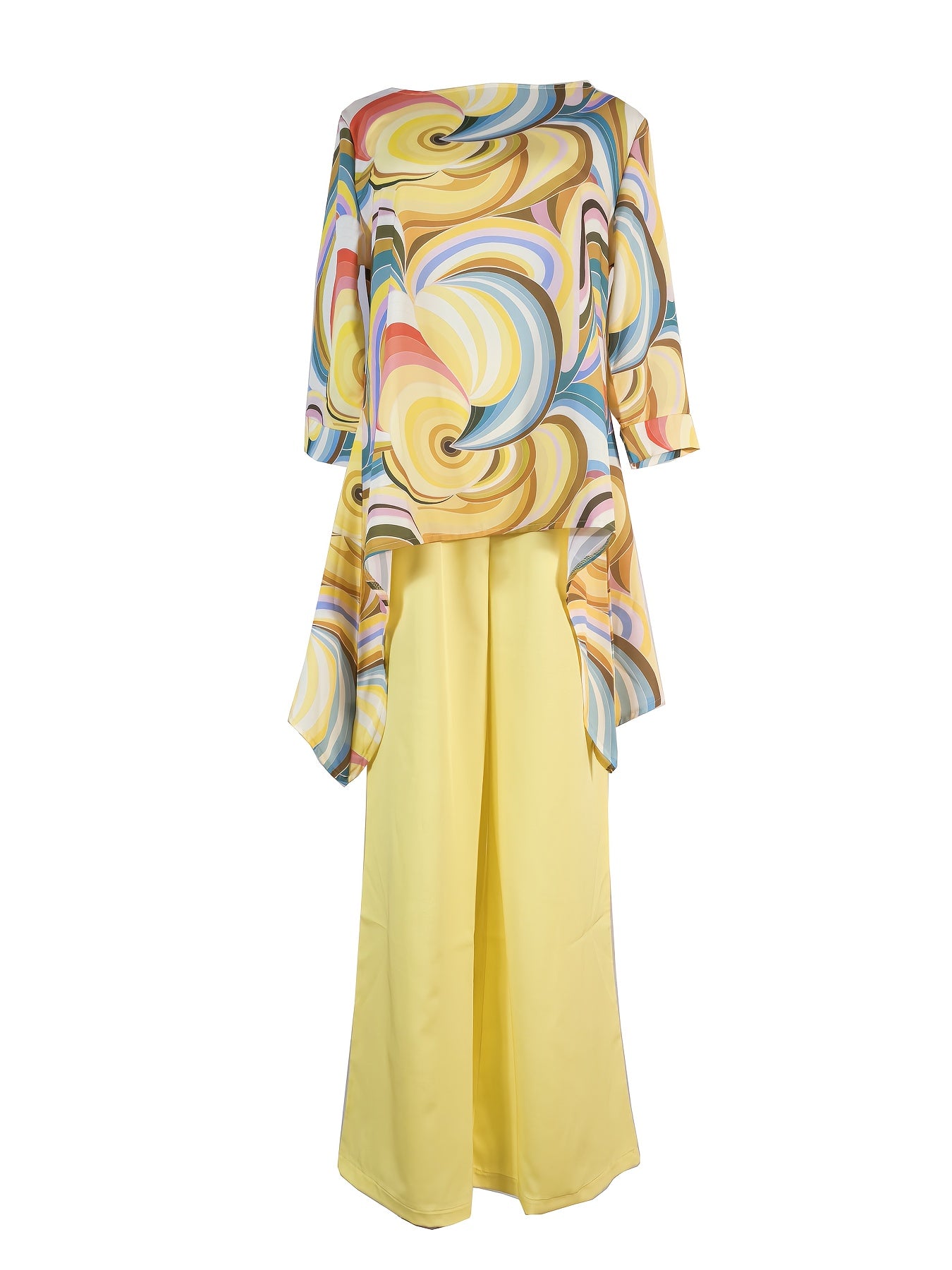 Women'S Vibrant Yellow & Multicolor Swirl Print Two-Piece Set - Loose-Fitting Long Sleeve Top & Wide-Leg Pants, Casual Spring/Summer Outfit, Polyester Blend, Casual Wear|Vibrant Print Top|Polyester Fabric