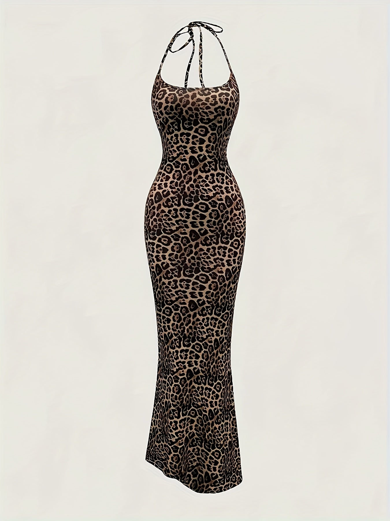 2pcs Women’s Elegant Halter Neck Backless Knit Dresses, Long Mermaid Tail, Stretchy Polyester & Elastane Blend, Solid Black and Leopard Print, Machine Washable, All-Season Bodycon Design, Versatile Fashion | Backless Gown |
