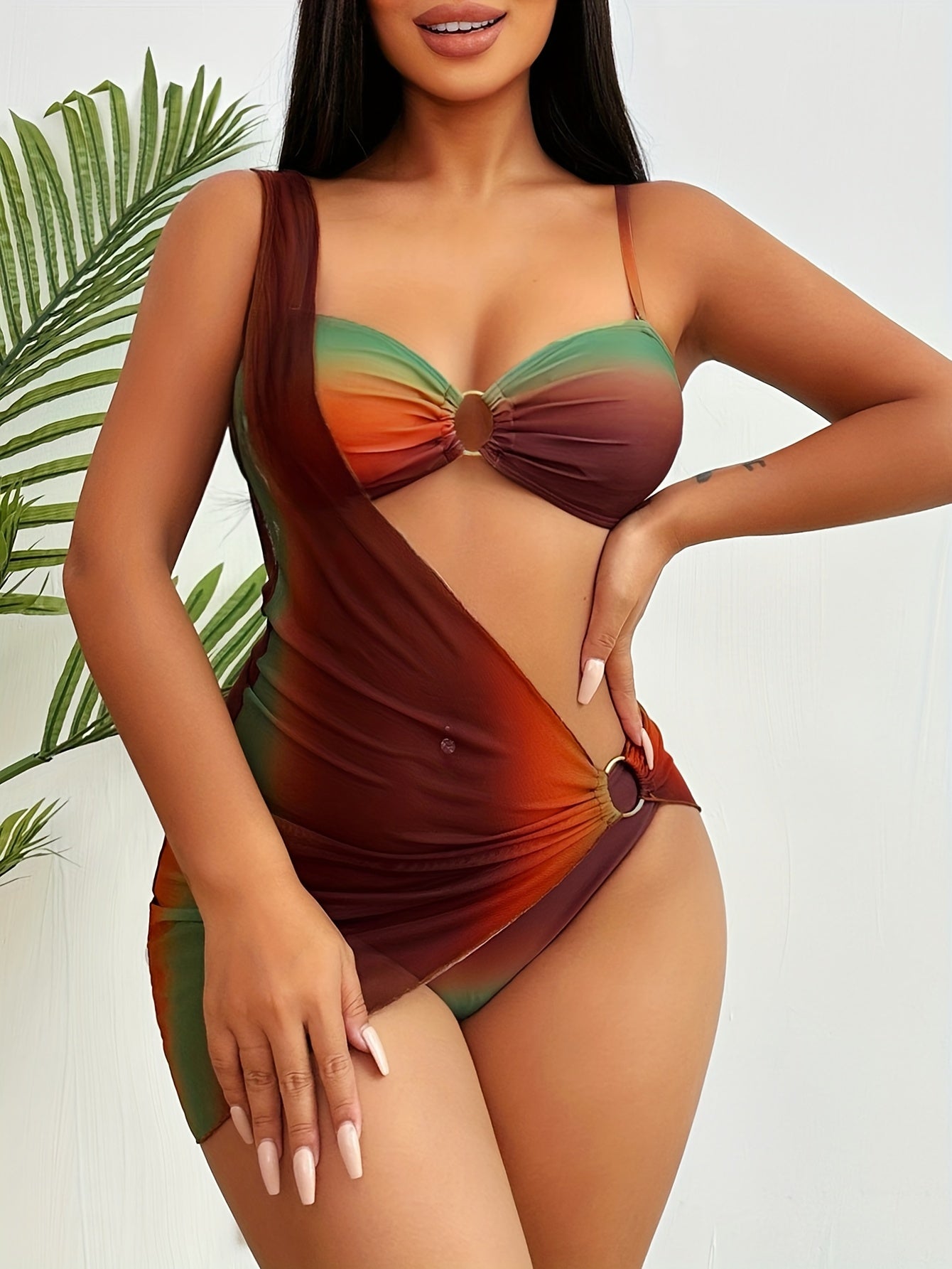 Vacation Style Ethnic Style Brown Gradient Print Single Shoulder Asymmetrical Mesh Skirt Tube Top Separated Bikini Three Piece Set