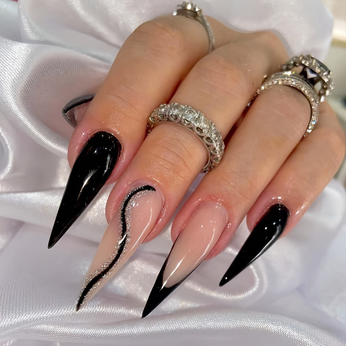 96 PCS 4PACK Long Stiletto Glossy Rhinestone Press on Nails with Glue, Bling Glitter French Tip Acrylic Almond Artificial Nails in Nude Pink Stick on False Nails with Design