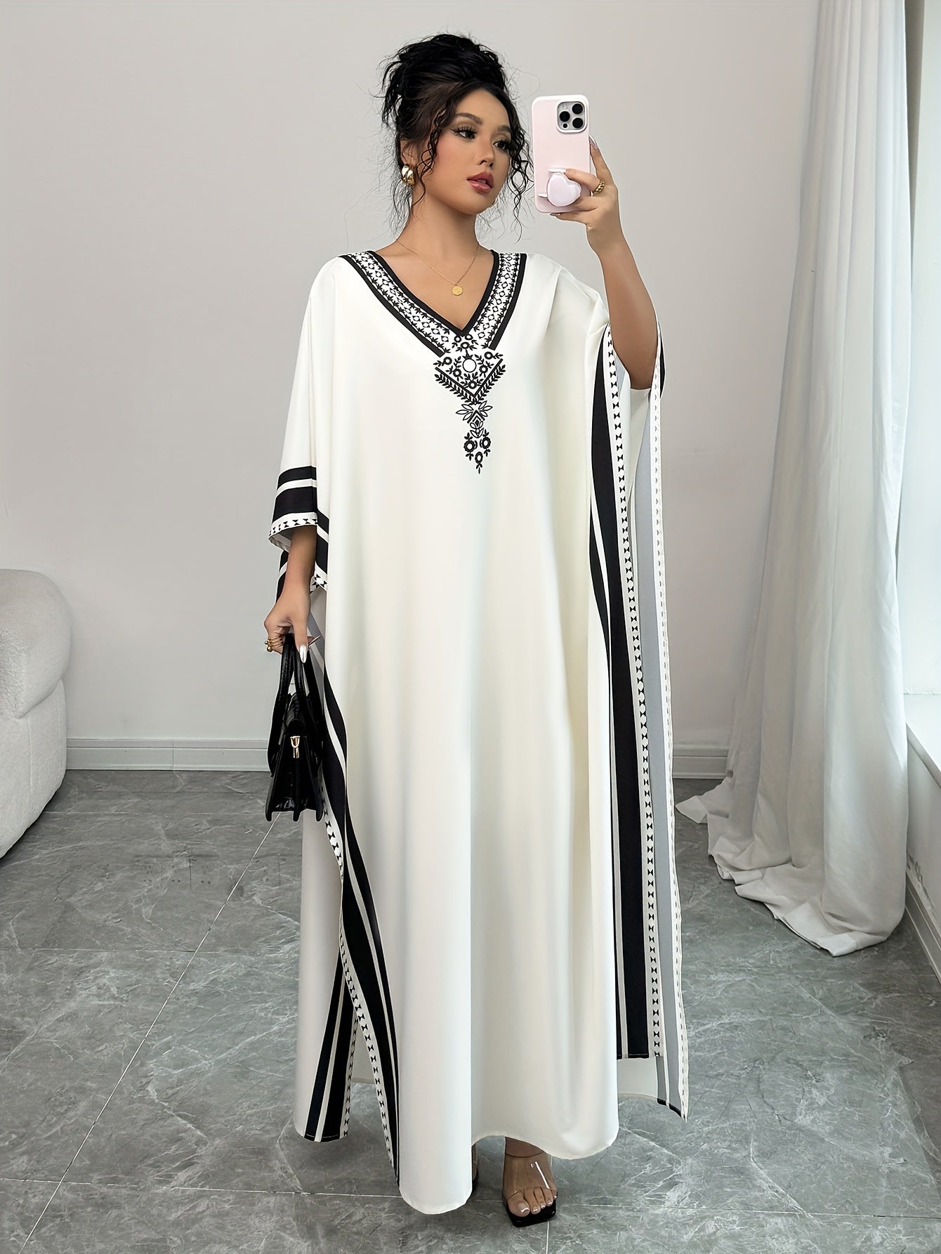 Women'S Elegant V-Neck Maxi Dress with Batwing Sleeves & Striped Detail - Casual Kaftan Style, Lightweight Polyester, Perfect for Spring/Fall, Adult Clothing | Vneck Dress | Striped Detail Dress