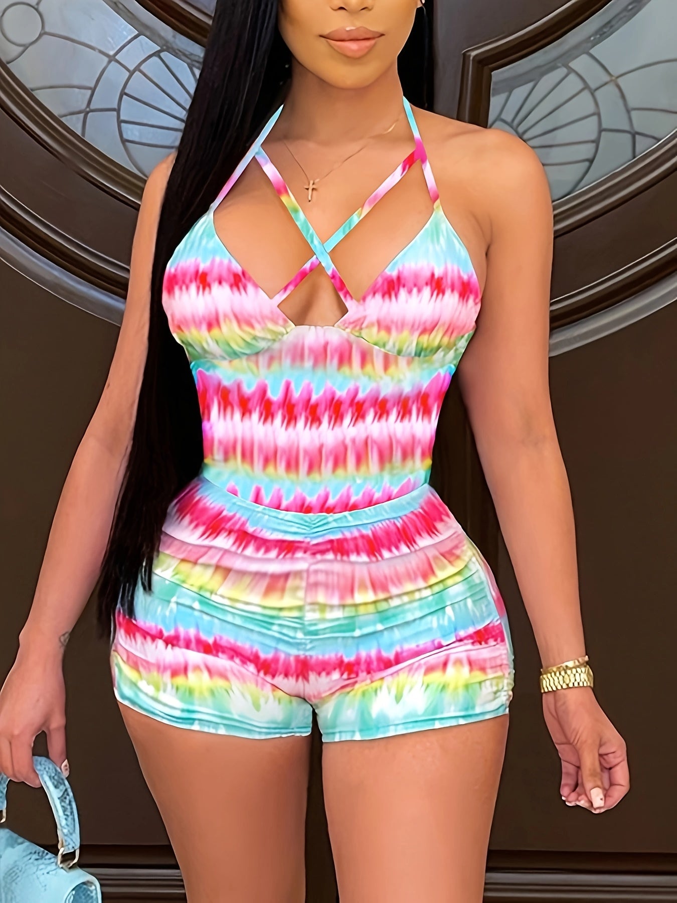 Tie Dye Halter Neck Romper Jumpsuit, Casual Backless Sleeveless Romper Jumpsuit for Summer, Women's Clothing