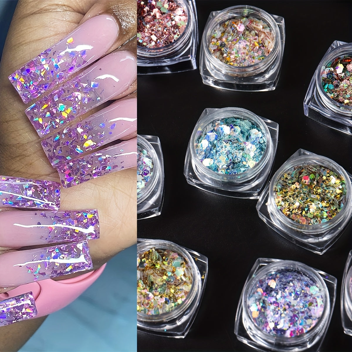 12 Colors Nail Art Glitter Diamond Dust Iridescent Nail Powder Chunky Glitter Confetti Foil Flakes Sequins for Nail Art Supplies, Gel Polish, Y2K Mermaid Holographic Hexagon Sequins, 3D Mirror Irregular Slices Sparkles