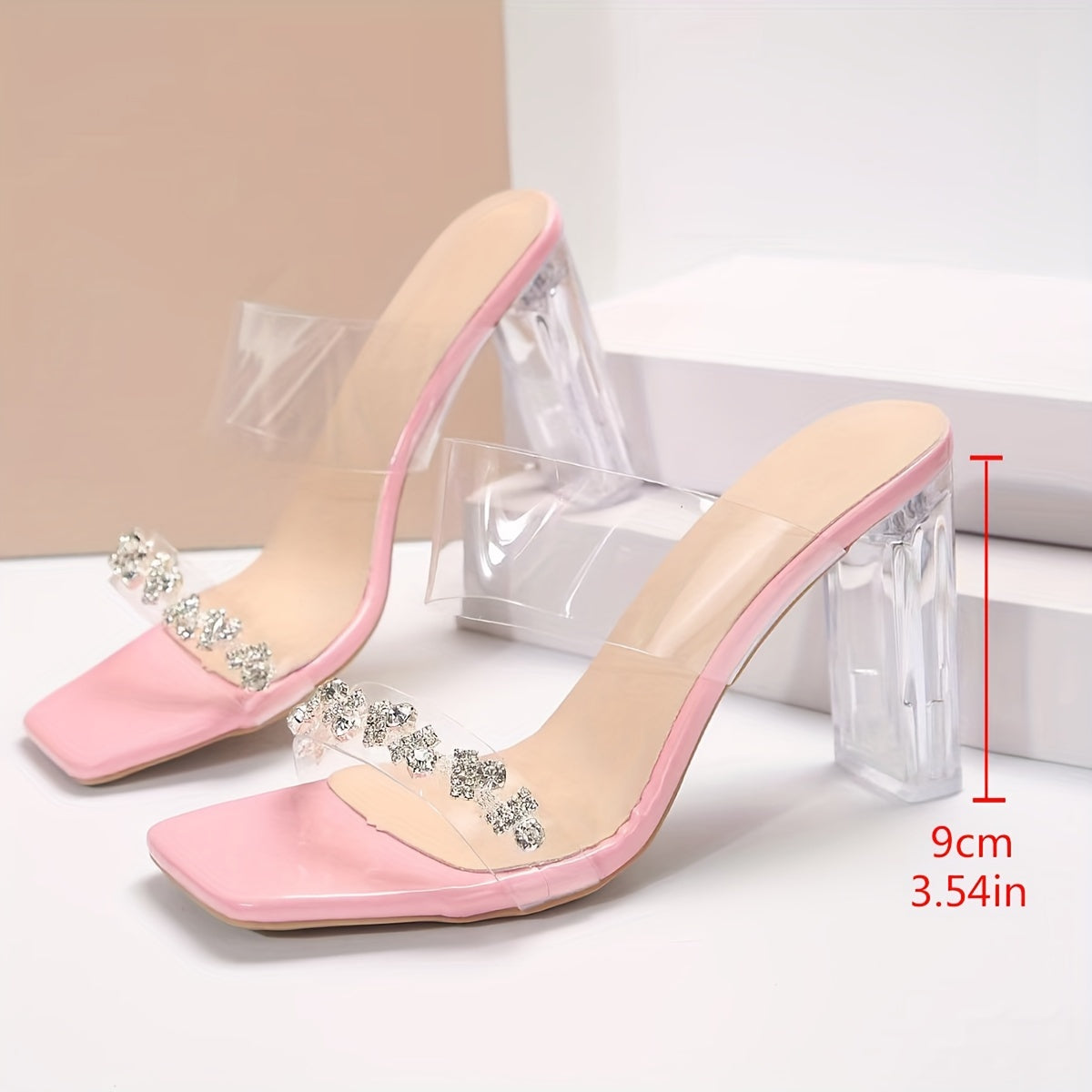 Women's Rhinestone Decor Block Heeled Sandals, Fashion Open Toe Dress Pumps, Stylish Transparent Strap Heels