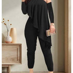 2pcs Sets for Women - Off-Shoulder Pullover & Wide-Leg Pants Outfit, Black Solid Color, Machine Washable All-Season Casual Elegant Outfits for Office, Lunch & Evening Events