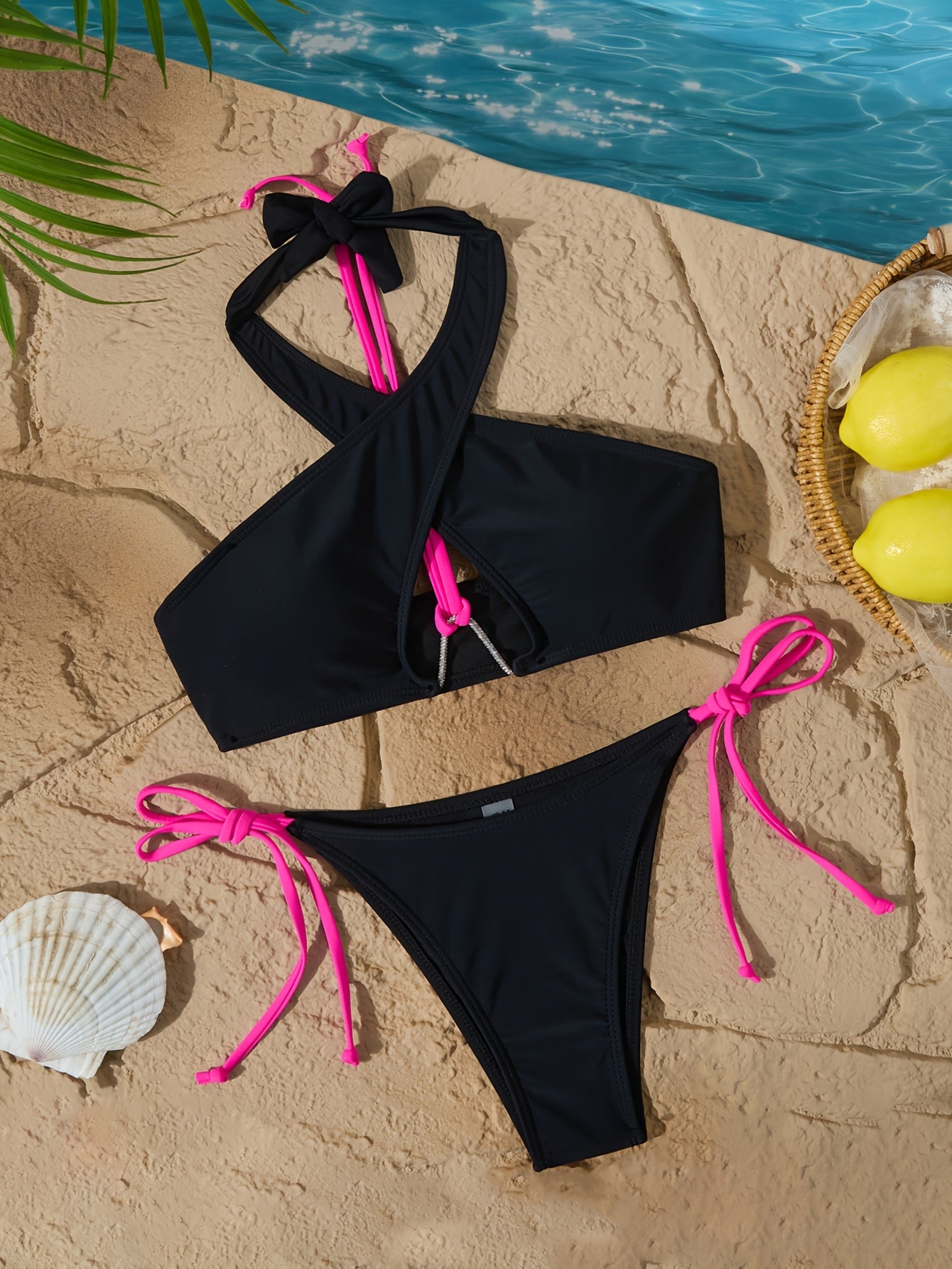 New Solid Color Split Swimwear Sexy Hollow European and American Cross Strap Bikini