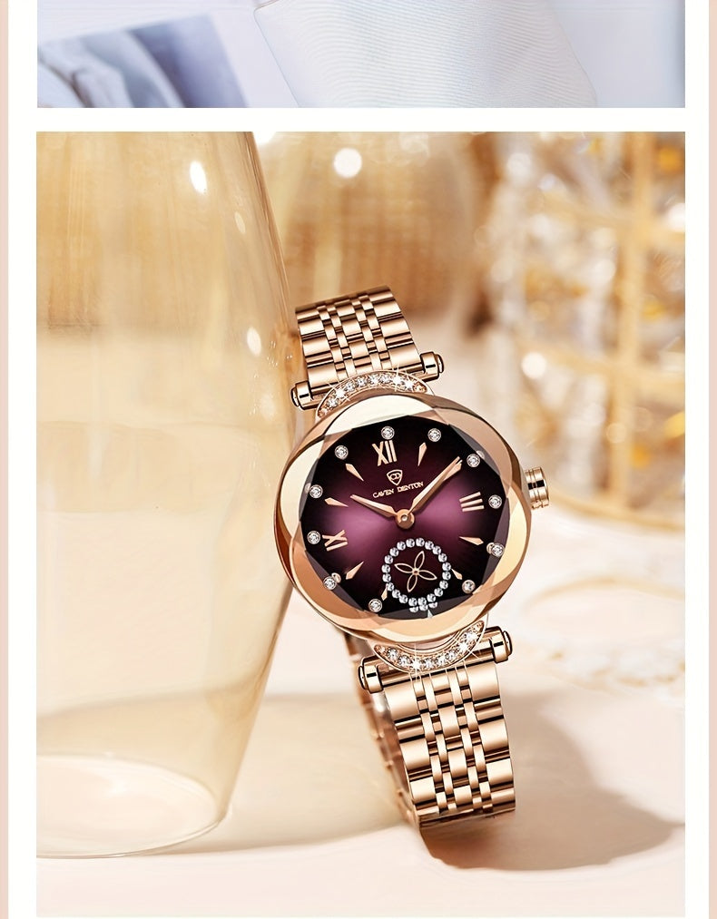 Elegant Women's Quartz Watch with Rhinestone Accents - Rose Golden Case & Stainless Steel Band, Roman Numerals, Independent Second Hand - Ideal for Business or Formal Wear - Perfect Mother's Day, Christmas, or Back-to-School