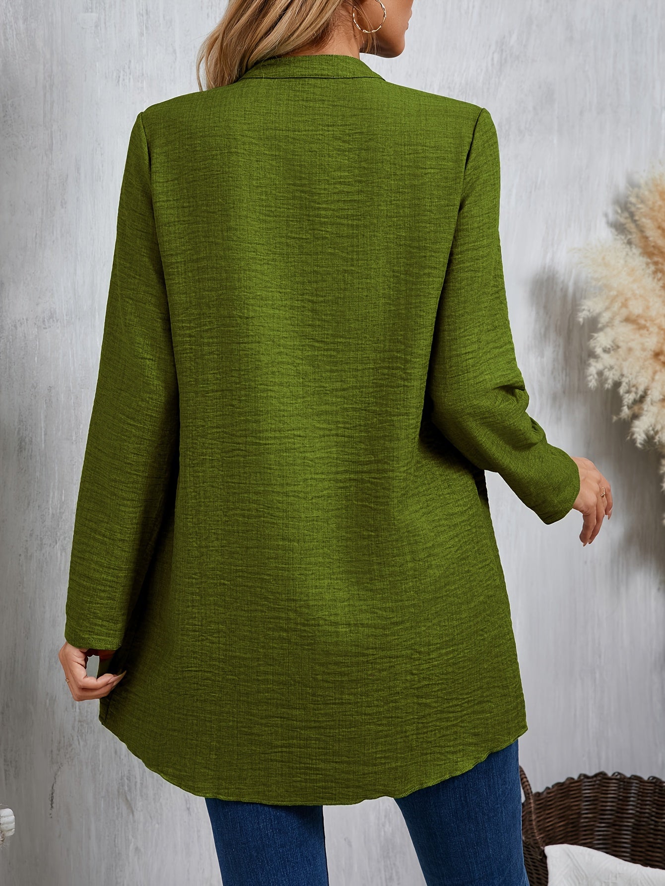 Solid Color Single Breasted Splicing Blouse, Elegant Long Sleeve Layered Blouse For Spring & Fall, Women's Clothing