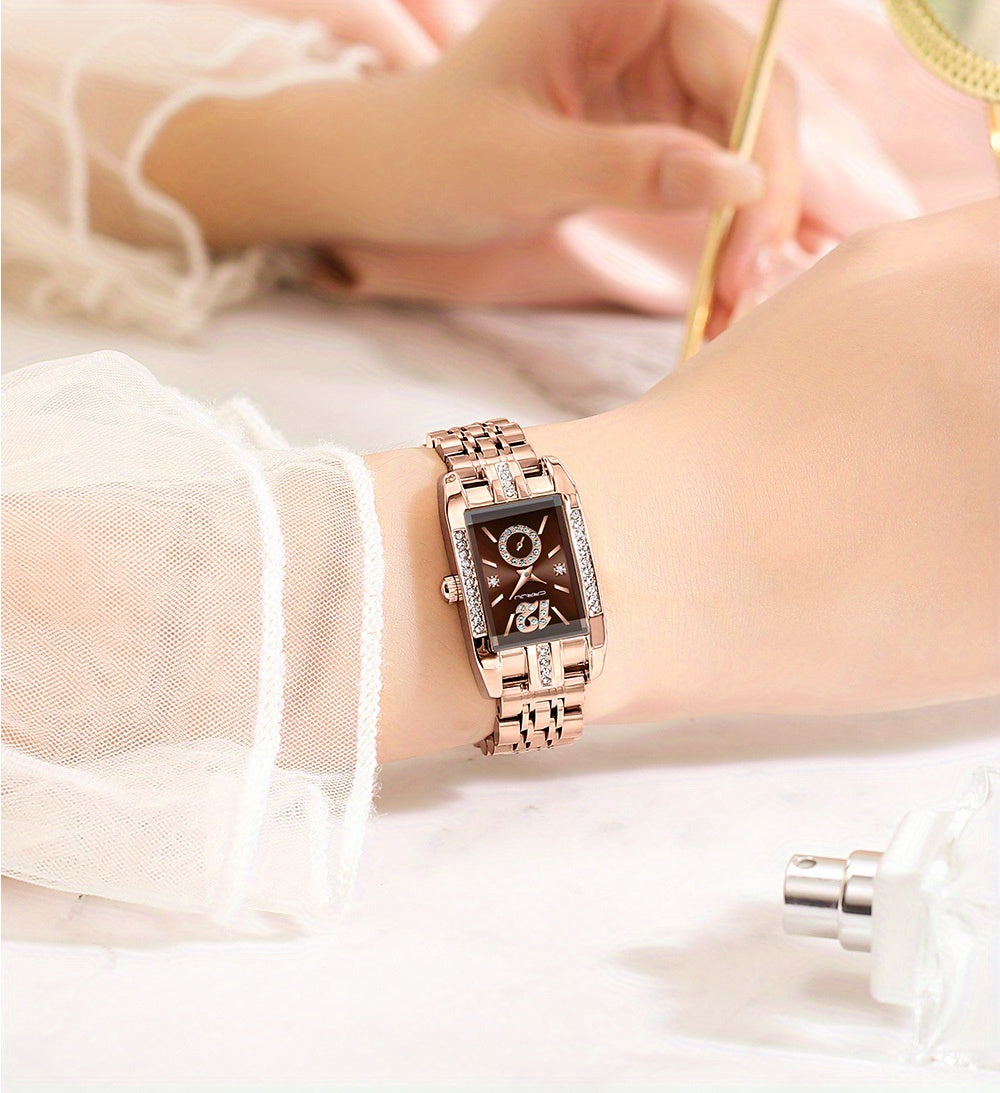 Stainless Steel Women's Luxury Watch, Elegant Rectangle Pointer Analog Quartz Rhinestone WR Wrist Watch