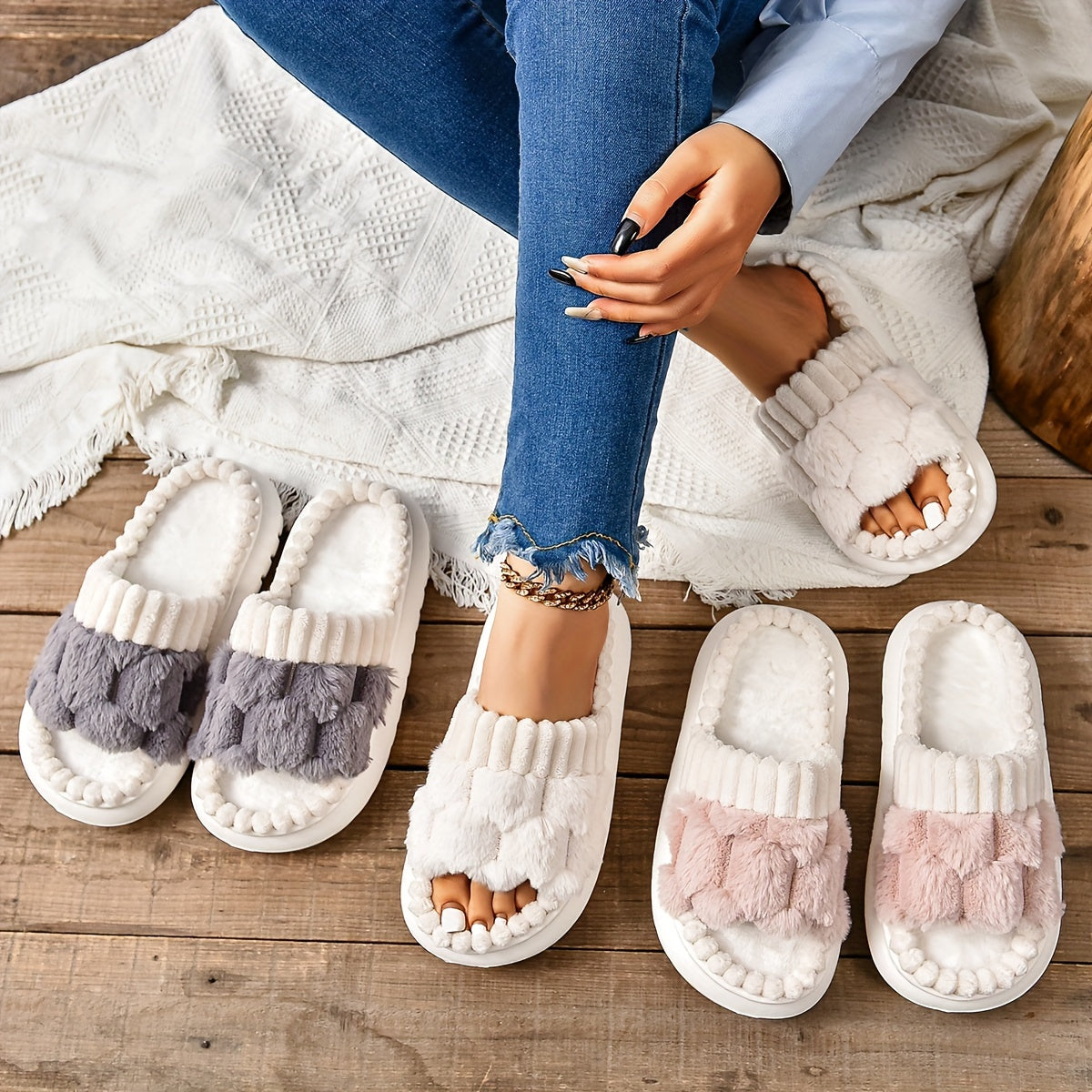 Honeycomb Plush Slippers For Women, Cozy & Warm Soft Sole Open Toe Shoes, Comfortable Indoor Slippers