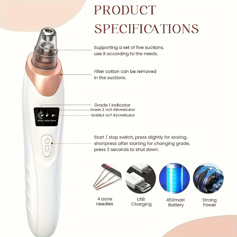 Rechargeable Blackhead & Acne Remover - Fragrance-Free Facial Skin Care Tool with Deep Pore Cleaning, 400mAh Lithium Battery for Wrinkle Reduction & Aging Resistance