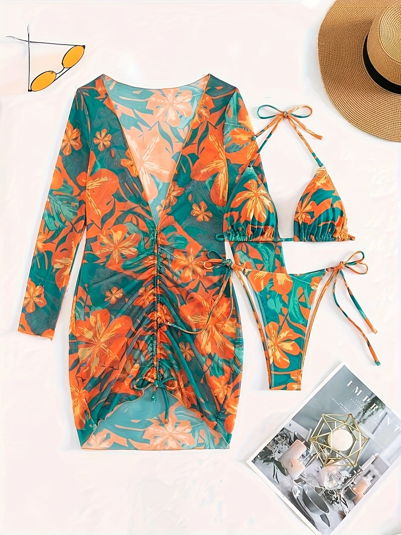 3pcs Floral Pattern Swimwear Set, Polyester and Elastane, High Stretch, Tropical Print, Long Sleeve, Deep V Neck, Lace-Up Detail, Knit Fabric, with No Belt, for Swimming