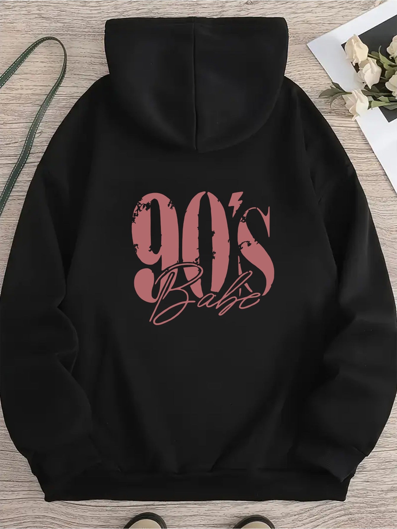 Y2K-Inspired '90'S Baba' Graphic Print Hoodie for Women - Casual Long Sleeve, Kangaroo Pocket, Drop Shoulder Design, Street Style, Machine Washable, Perfect for Spring & Summe