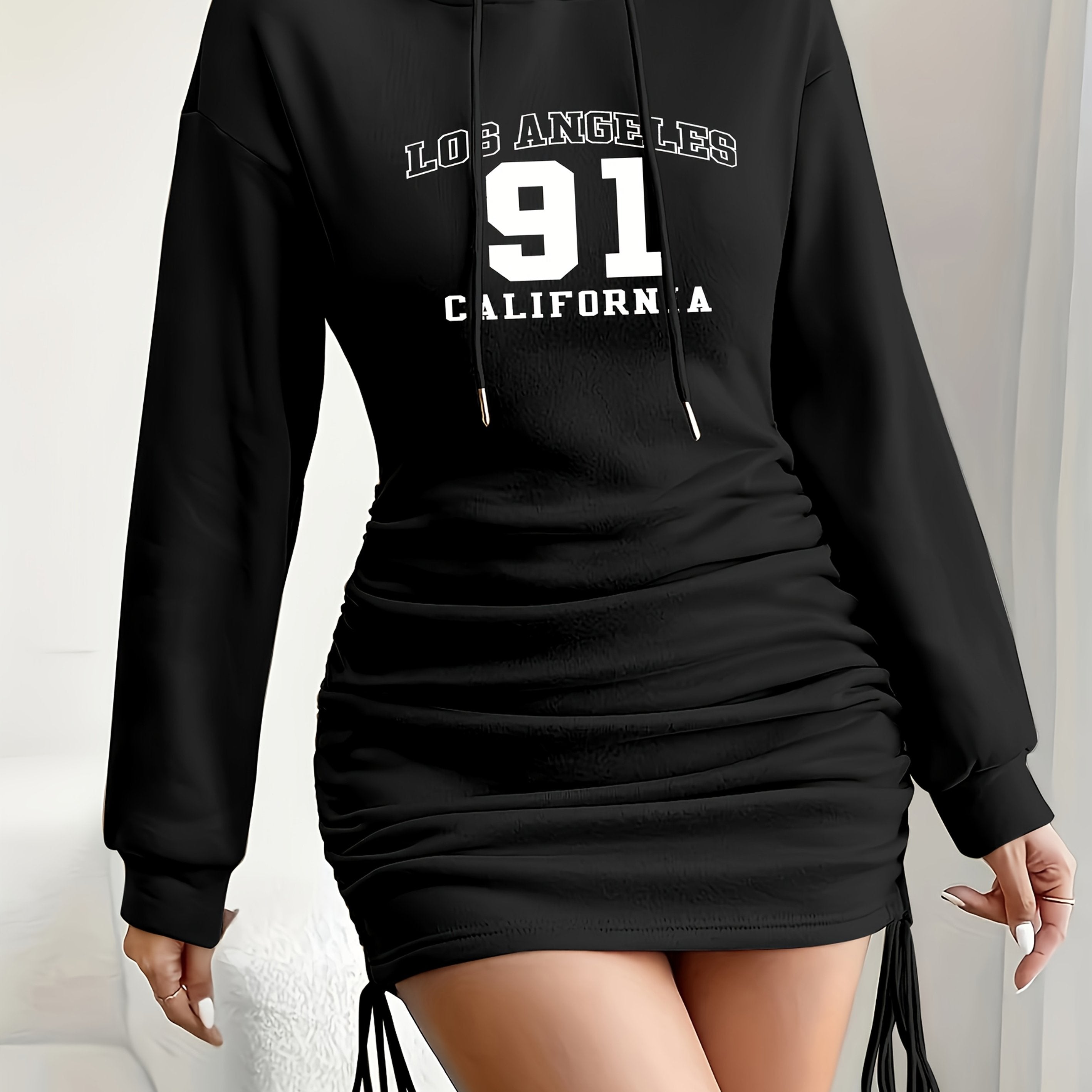 Palm Tree Letter Hooded Bodycon Dress - Drawstring Waist, Mid-Elastic Polyester, Casual Fall & Winter Wear, Alphabets Pattern, Positioning Printing, Knit Fabric - Womens Fashionable Clothing for Adults