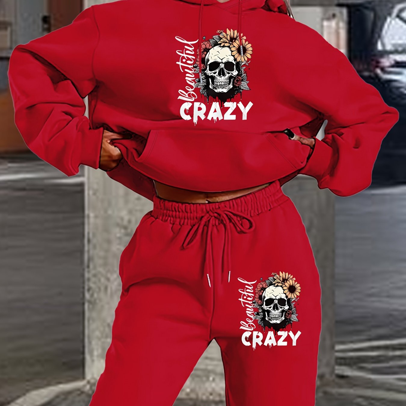 Women's 2024 New Skull Letter Print Hoodie and Pants Set, Casual Polyester Knit Sweatshirt with Drawstring Hood, Geometric Pattern, Pocket Detail, Autumn/Winter Fashion Outfit