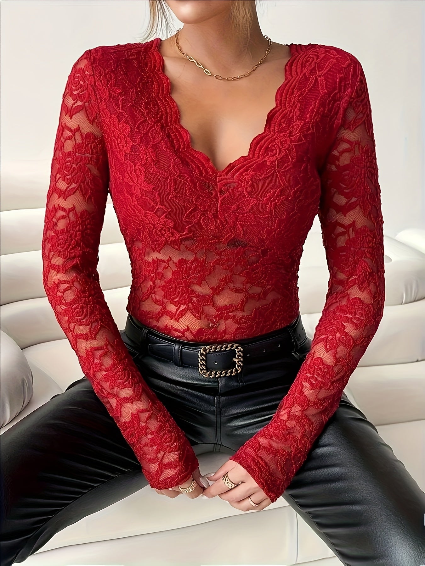 Chic & Sexy Lace V-Neck T-Shirt for Women - Sheer, Stretch Fabric, Perfect for All Seasons