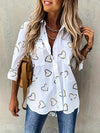 Heart Print Button Front Shirt, Casual Long Sleeve Dual Pockets Blouse For Spring & Fall, Women's Clothing
