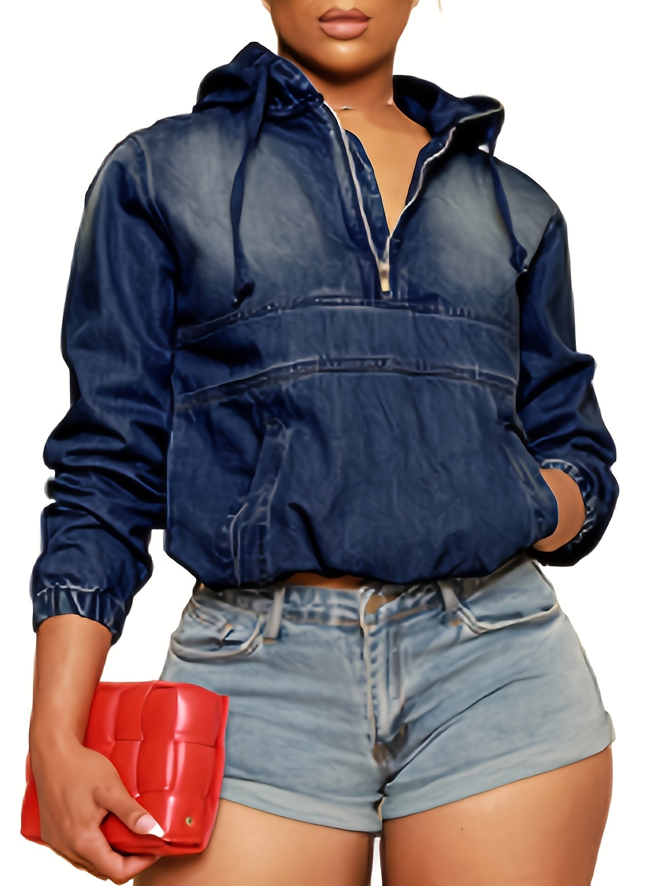 [Casual Denim Hoodie] Casual Women's Denim Half Zip Hoodie Pullover Jacket Jean Tops Cowboy Hoodie