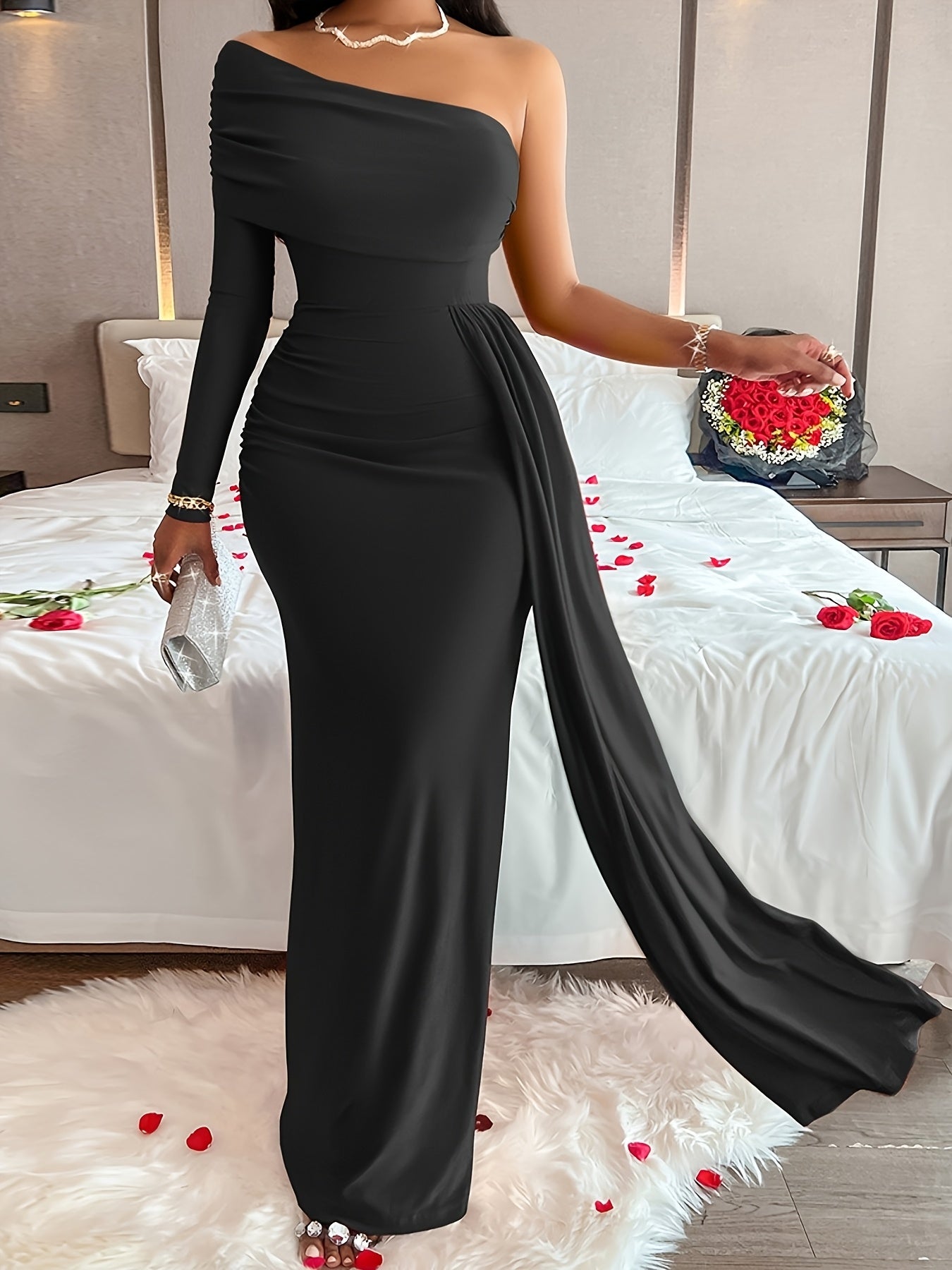 Women's Elegant Bodycon Maxi Dress - Asymmetrical Neck, Smooth Polyester Fabric, Spring/Summer Banquet & Party Wear | Micro Elasticity | Machine Wash