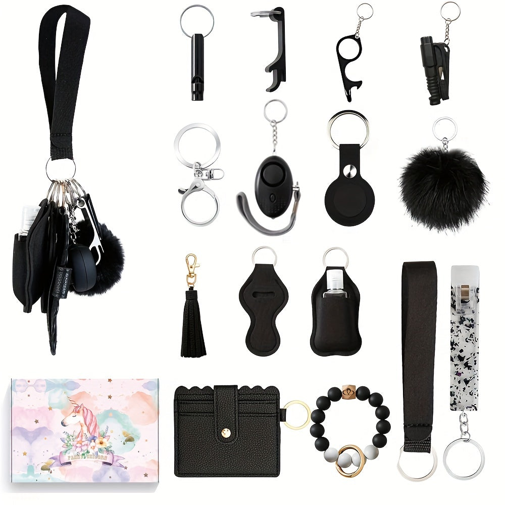 17pcs Women'S Safety Keychain Set with Personal Alarm, Friendship Love Theme, Oblong Shape, Snap Hook Closure, Floating Feature, Button Battery Included, Ideal Holiday Gift
