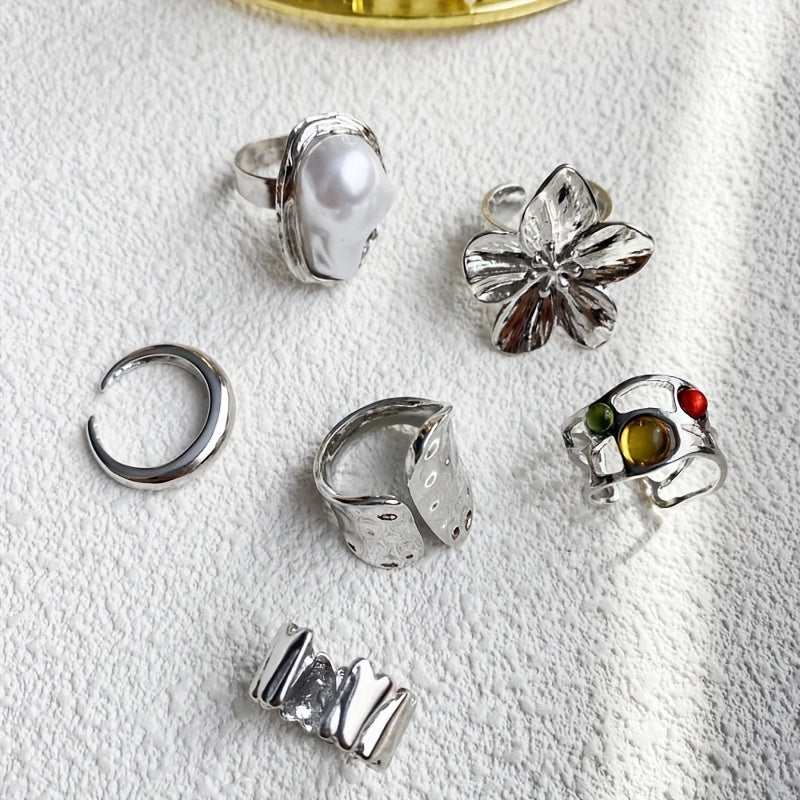 6pcs set of fashionable open ring sets, adjustable in size, suitable for many people to wear high-end rings, beautiful when worn alone or stacked, exquisite gift for friends, bohemian style jewelry combination