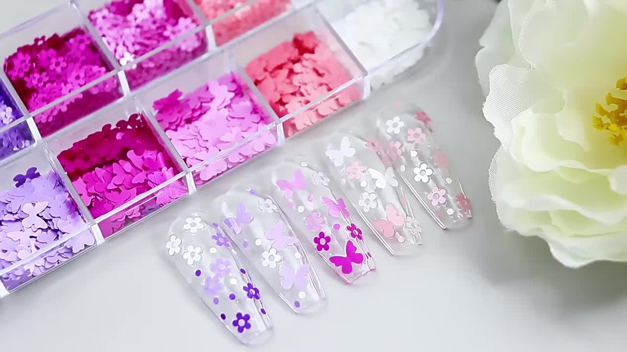 12 Grids Butterfly Flower Nail Art PET Ultra-Thin Pearlescent Sequins DIY Nail Decoration