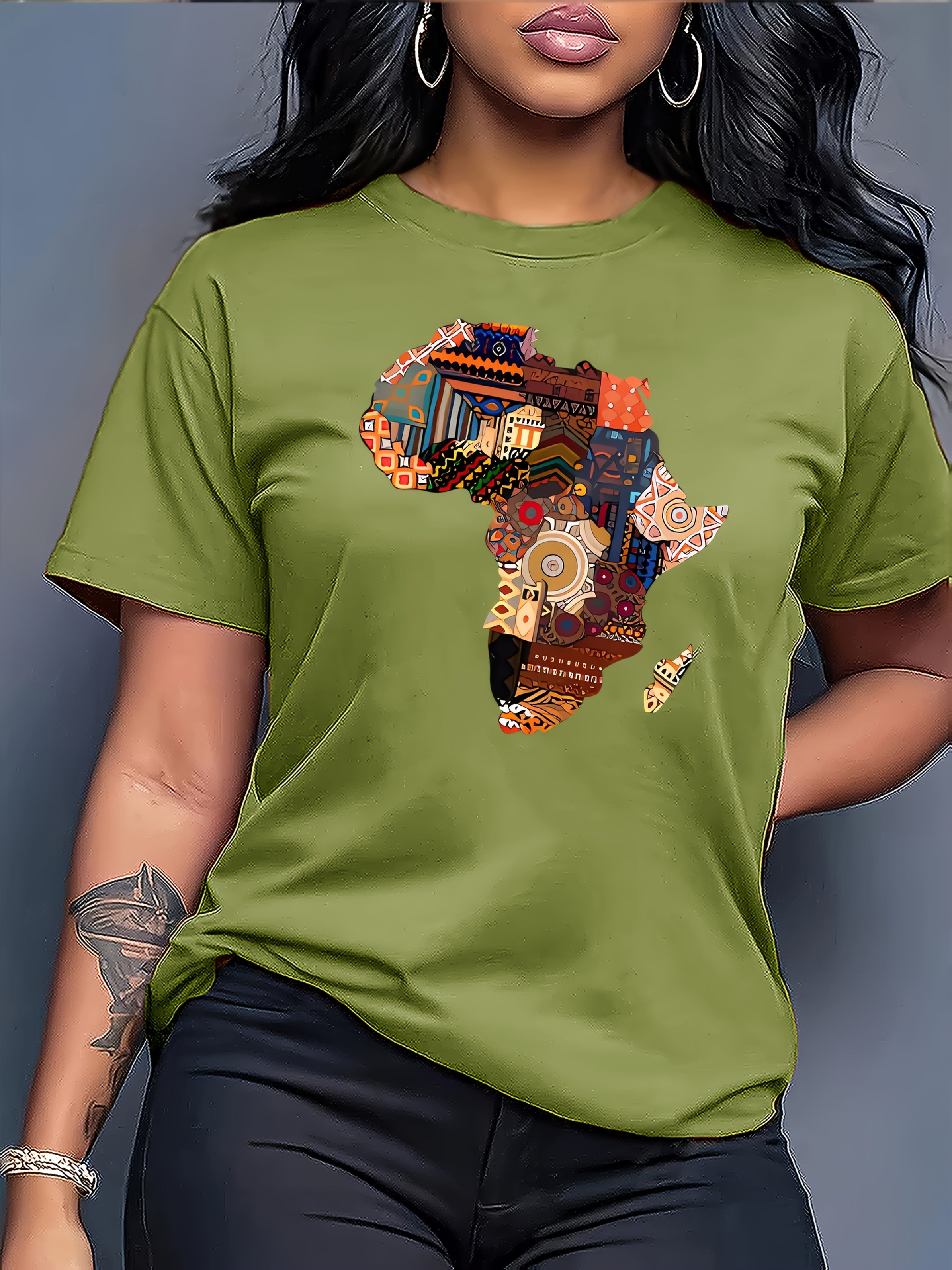 Women's African-Inspired Patchwork Print Casual Short Sleeve T-Shirt - Vibrant Red Round Neck Top with Cultural Motifs, Medium Stretch & Machine Washable for Spring/Summer, Casual Attire, Comfortable Fabric