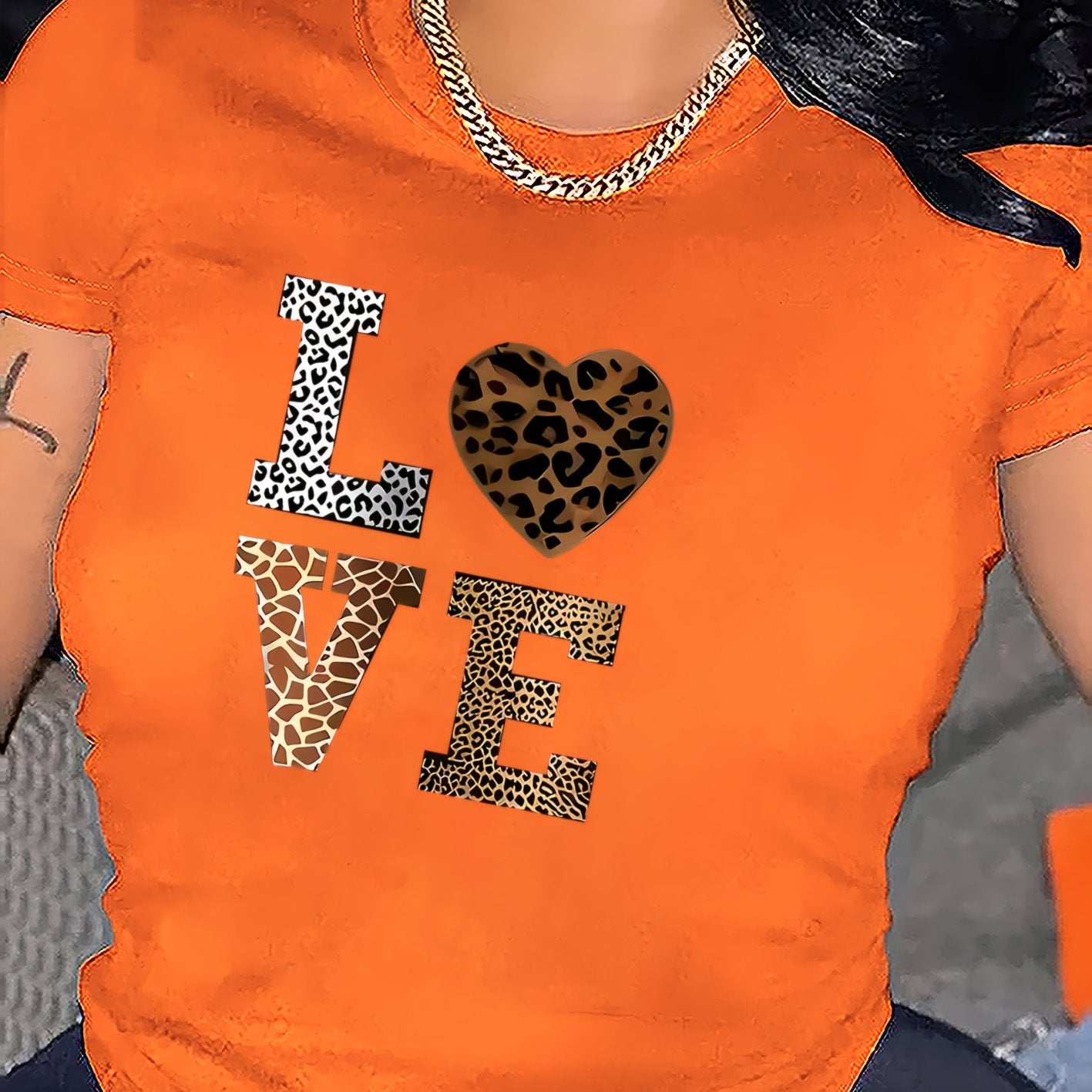 Stylish White 'LOVE' Leopard Heart Print Tee - Casual Round Neck Short Sleeve, 100% Polyester, Machine Washable - Perfect for All Seasons, Casual Wear Tee|Leopard Heart Design|Stretchable Material