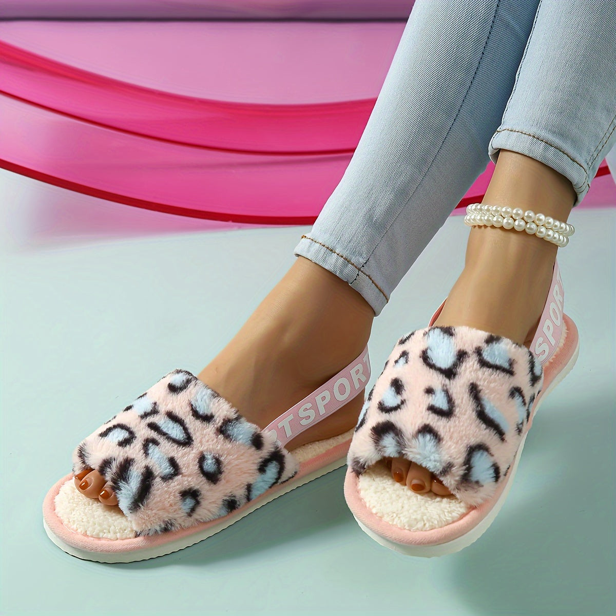 Fluffy Leopard Home Warm Slippers, Letter Elastic Strap Soft Sole Bedroom Shoes, Non-slip Floor Mute Shoes